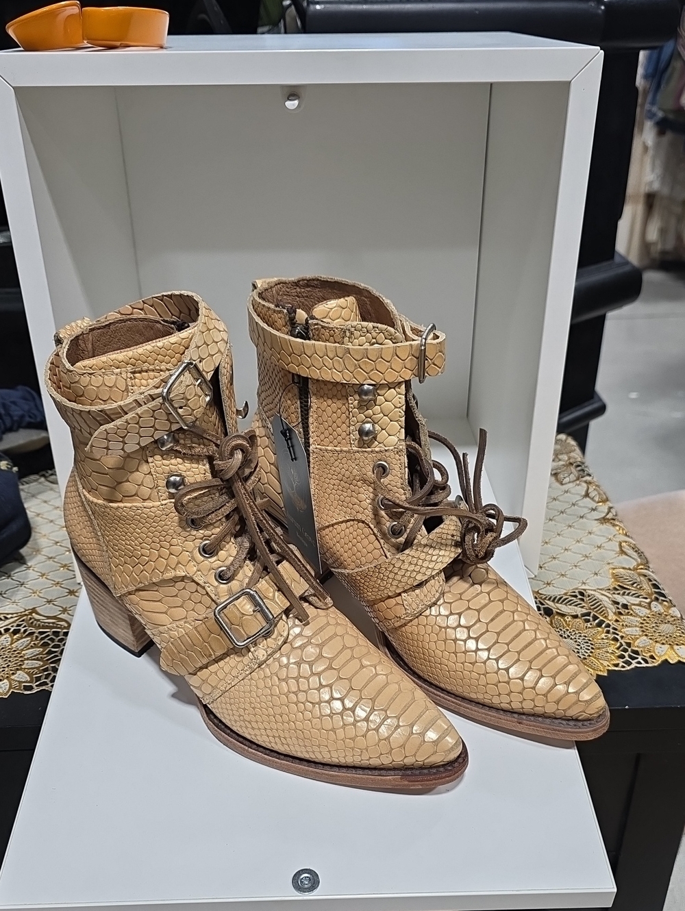 Freebird by Steven Tan Snake-Texture Lace-Up Ankle Boots with Buckle Strap